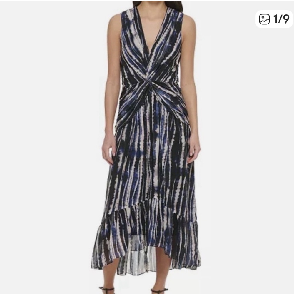 DKNY Dressy Navy & Ivory Twist-Waist Maxi Statement Dress NWT Size 8 ❤️